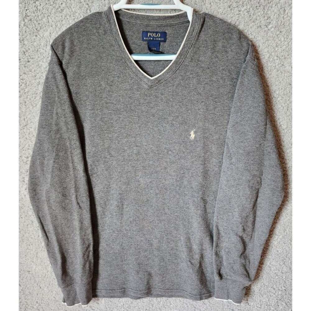 Polo Ralph Lauren Gray Waffle Knit Thermal Pullover V-Neck Sweater Size Large